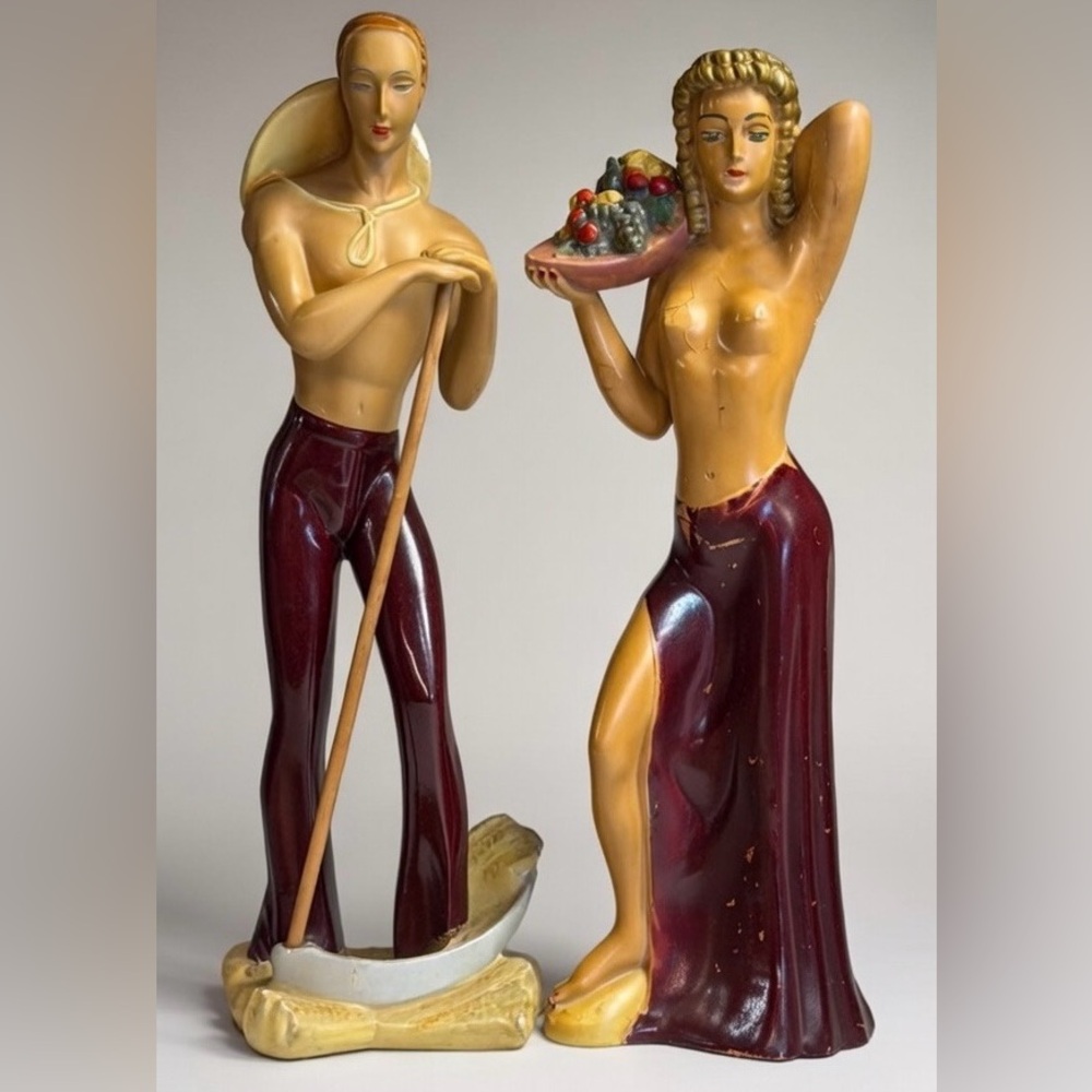 RARE SET  Alexander Backer 18" Tall Topless Lady & Man Harvesting Wheat 1950’s